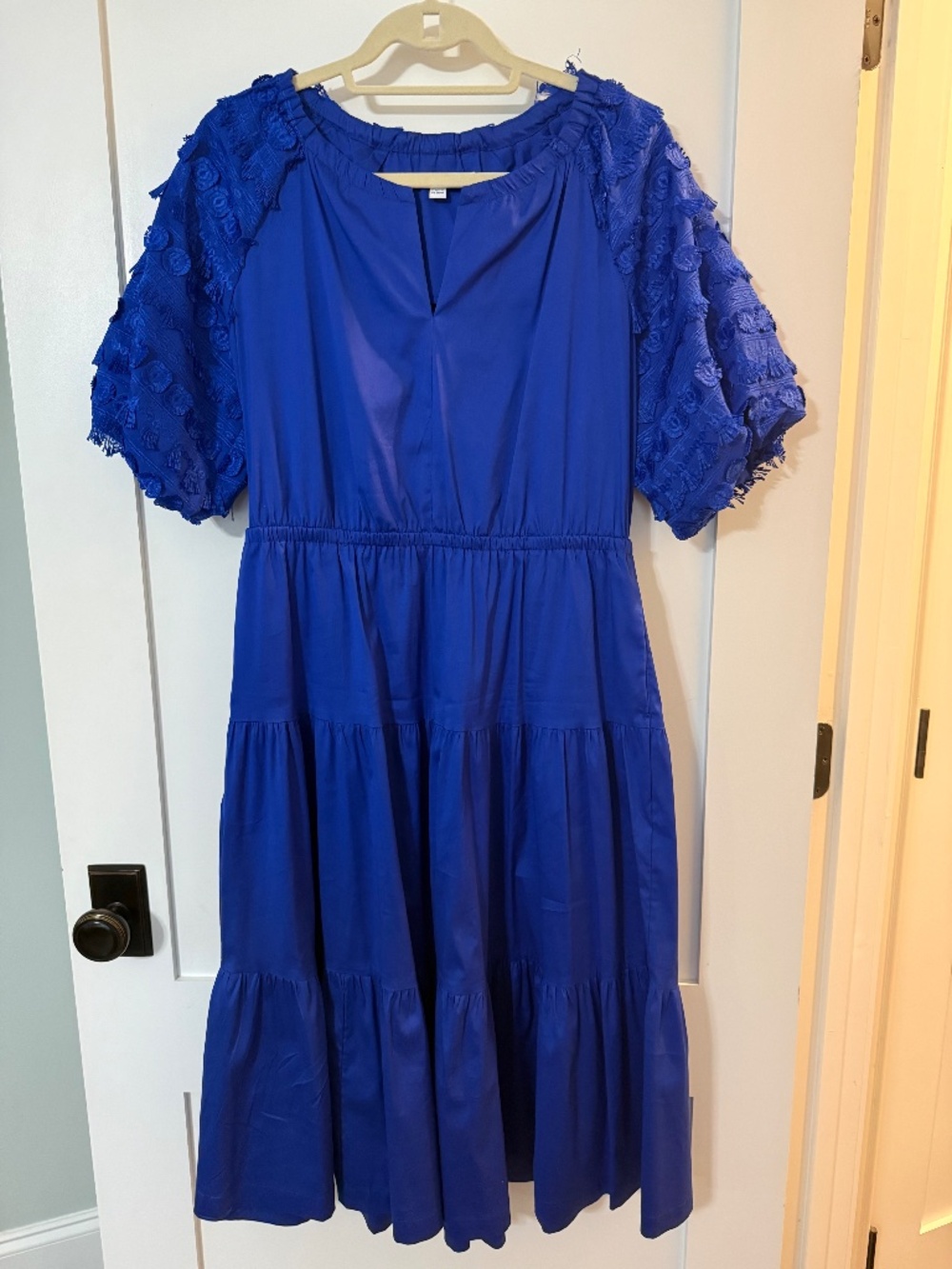 Chico's Size 1 Royal Blue Textured Sleeve Tiered Dress (US 10)